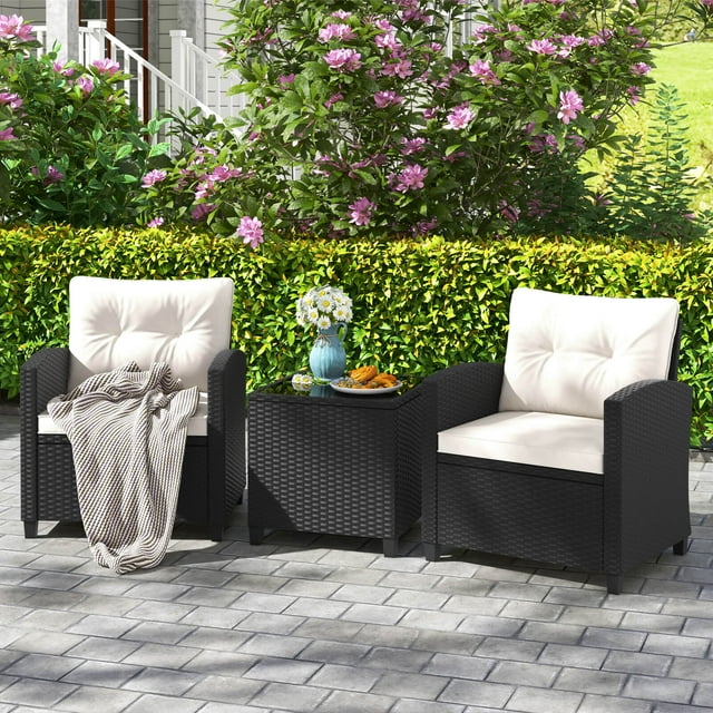 Costway 3 PCS Patio Furniture Set with Tempered Glass Coffee Table Washable Cushions Off White