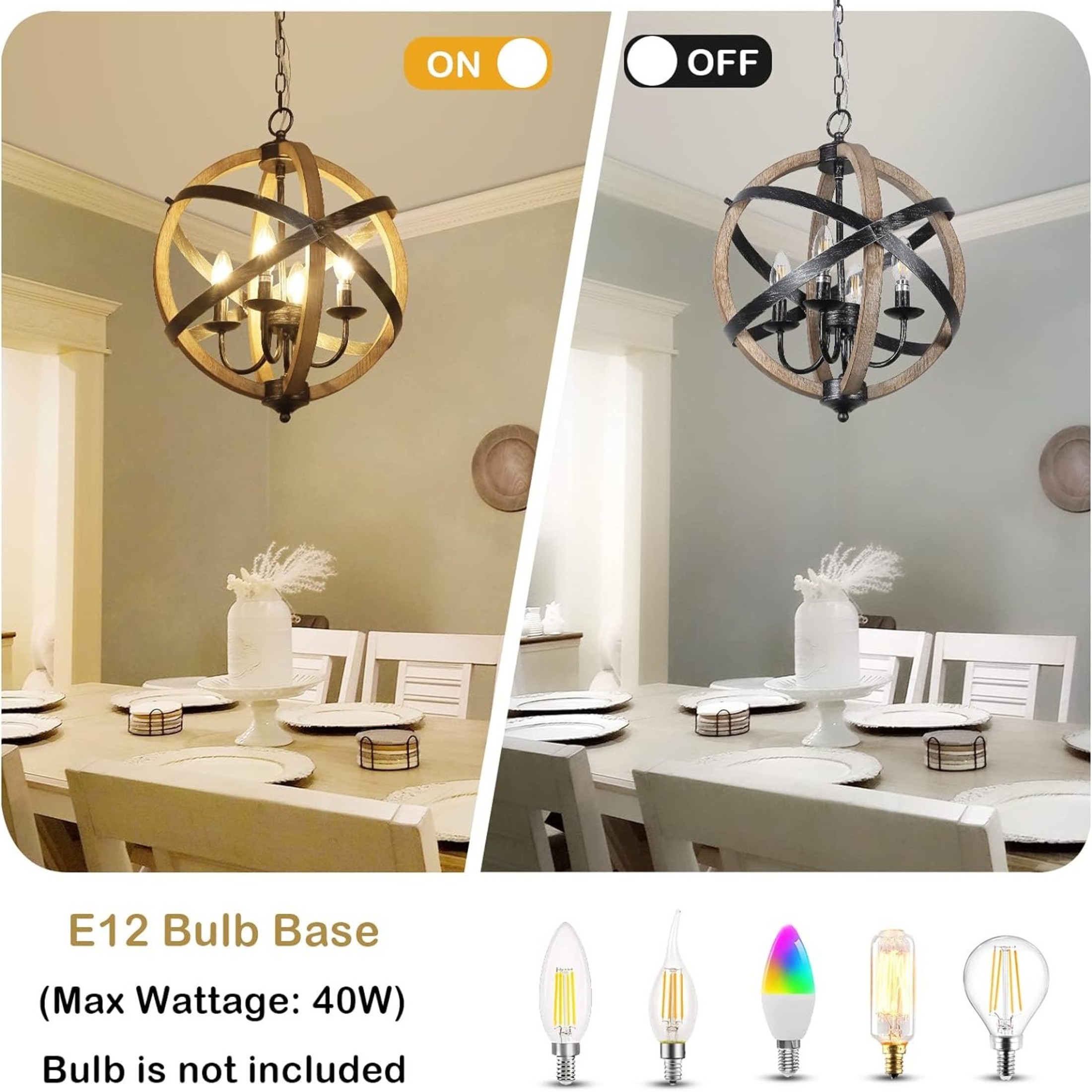 Noble House 4-Light Farmhouse Wood Orb Chandelier, Rustic Sphere Dining Room Pendant, Height Adjustable, Wood