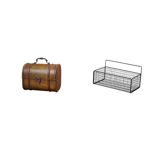 Conjunto de organizador de joyas de madera vintage y cesta decorativa para colgar en la pared, ideal para anillos, bisutería, baño, cocina y sala de e