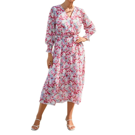 hirigin Women Midi Dress, Long Sleeve V Neck Flower/Leopard Print Fall Dress with Belt for Daily Party