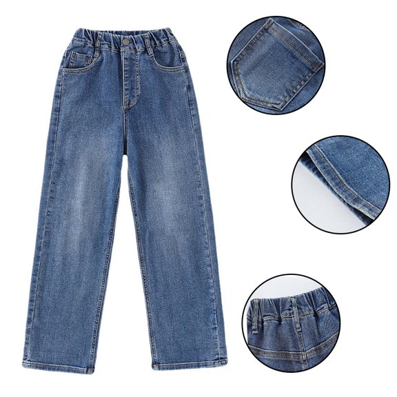 Godderr Girls Solid Color Jeans for Toddler Kids 5-14Y Mid Waist Casual Trousers Autumn Outdoor Wide-Legged Pants