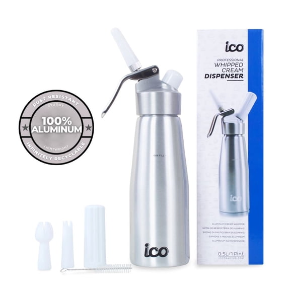 ICO Professional Aluminum Whipped Cream Maker Dispenser/Whipper for Creams, Sauces, Desserts, Infused Liquors, and Molecular Cuisine (1 Pint/0.5L)
