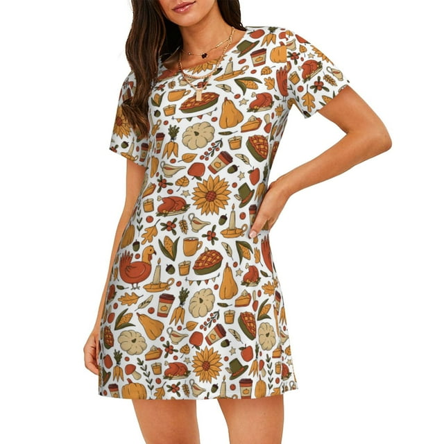 Vsdgher Motif Nourriture de l'Action de Grâce Chemise de Nuit à Manches Courtes Col Rond Mignonne Robe de Nuit Confortable