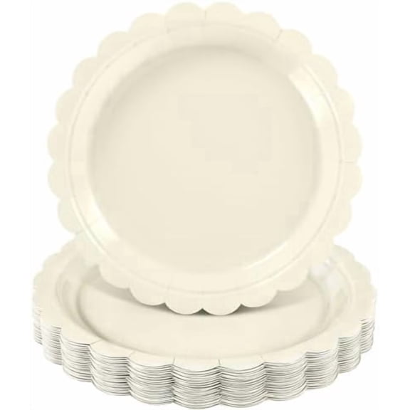 30 Pcs Ivory Paper Plates 9 Inch Disposable Scalloped Cream Plates Cute Beige Dessert Cake Plate Party Dinner Plate for Baby Shower, Wedding, Bridal Shower