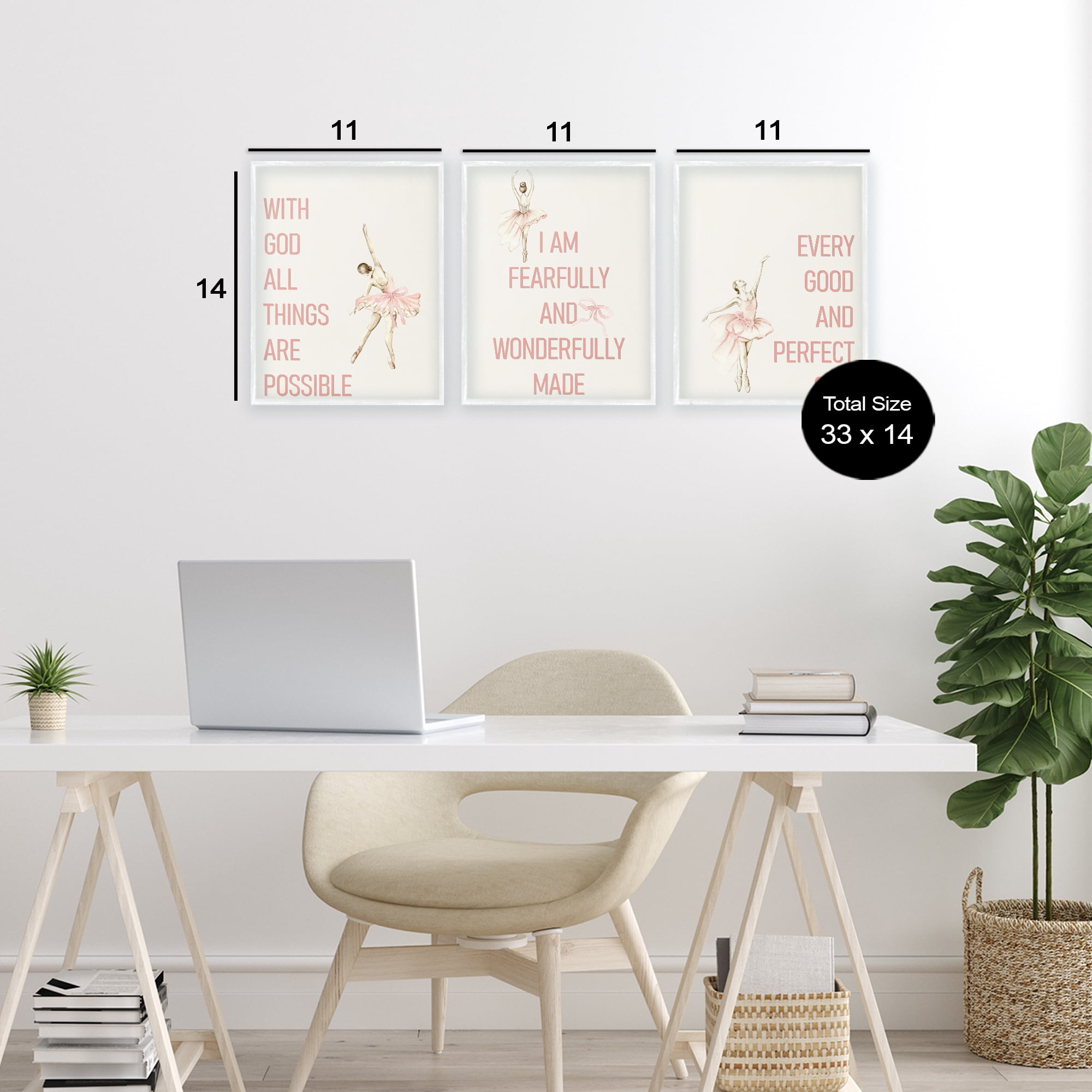 Faith Sentiments with Ballerinas 3 Piece White Framed Giclee Art Set, design by Kim Allen