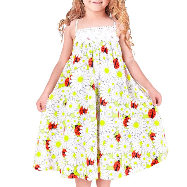 Girls Dress Ladybug Flower White Lace Trim Soft Fabric 5 Years
