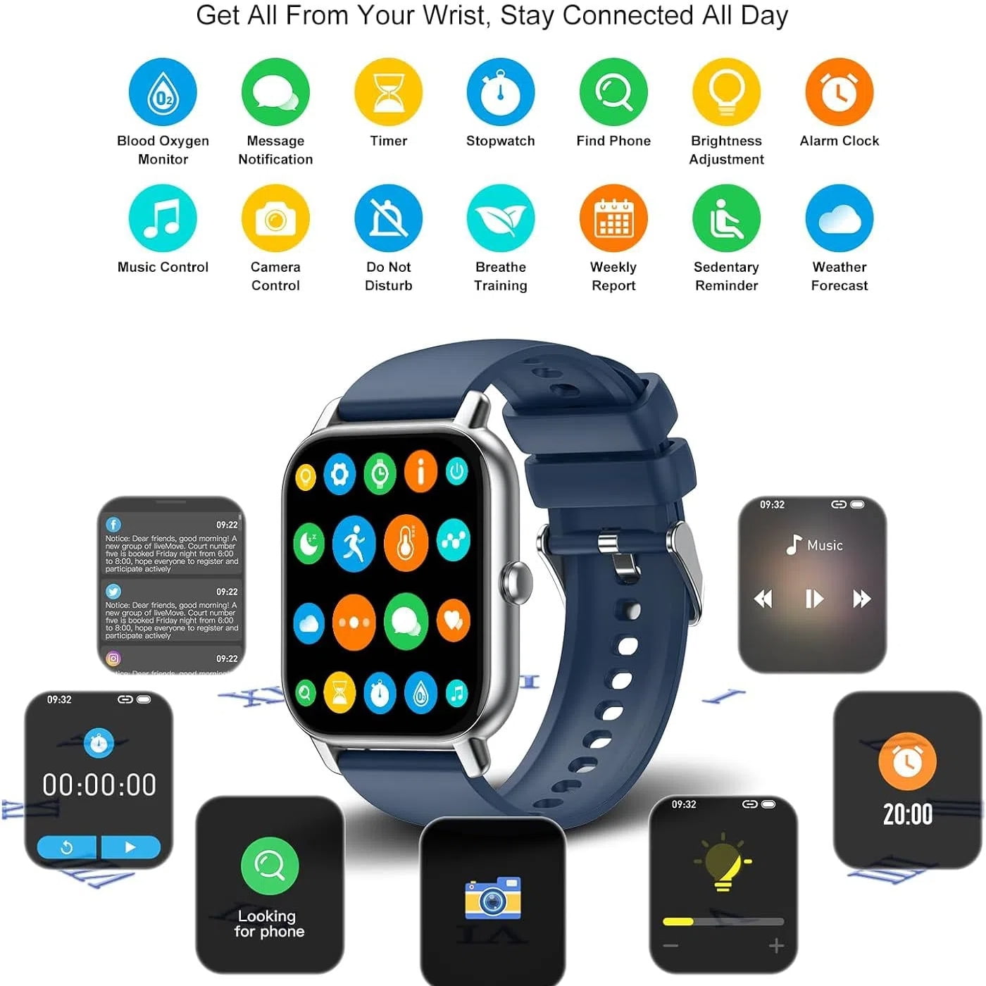 SupDevice Smart Watches for Women Men (Answer/Make Calls) Compatible with iPhone/Android Phones, 1.85" HD Screen Fitness Tracker Heart Rate Monitor 100+ Sports Tracker Watch Waterproof (Blue)