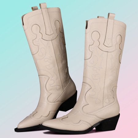 

Womens Cowboy Boots Riding Boot Medium Chunky Heel Pointed Toe Pull-on Embroidered Non Slip Comfort Winter Party Dressy Cowgirl Combat Booties
