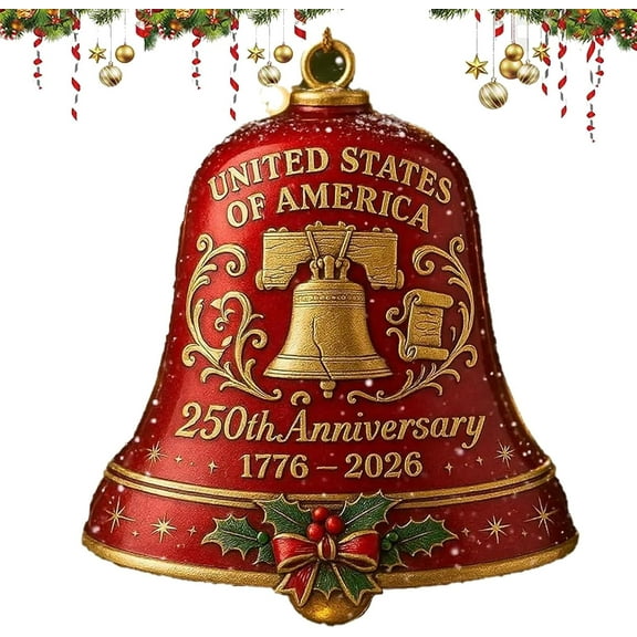 USA 250th Anniversary Bell Ornament - Red & Gold Commemorative Hanging Decor, Elegant Doorbell for Patriotic Holidays, Christmas Tree, Collectors Gift，Enamel Crafted Detailing(1pcs)