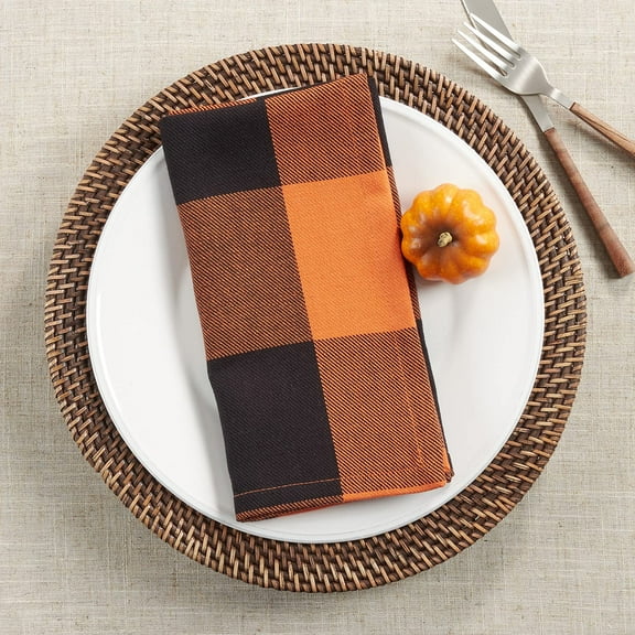 Fennco Styles Rustic Buffalo Plaid Cotton Cloth Napkins 20" W x 20" L, Set of 4 - Black Orange Square Dinner Napkins for Everyday Use, Farmhouse, Banquets, Thanksgiving, Halloween, Special Events