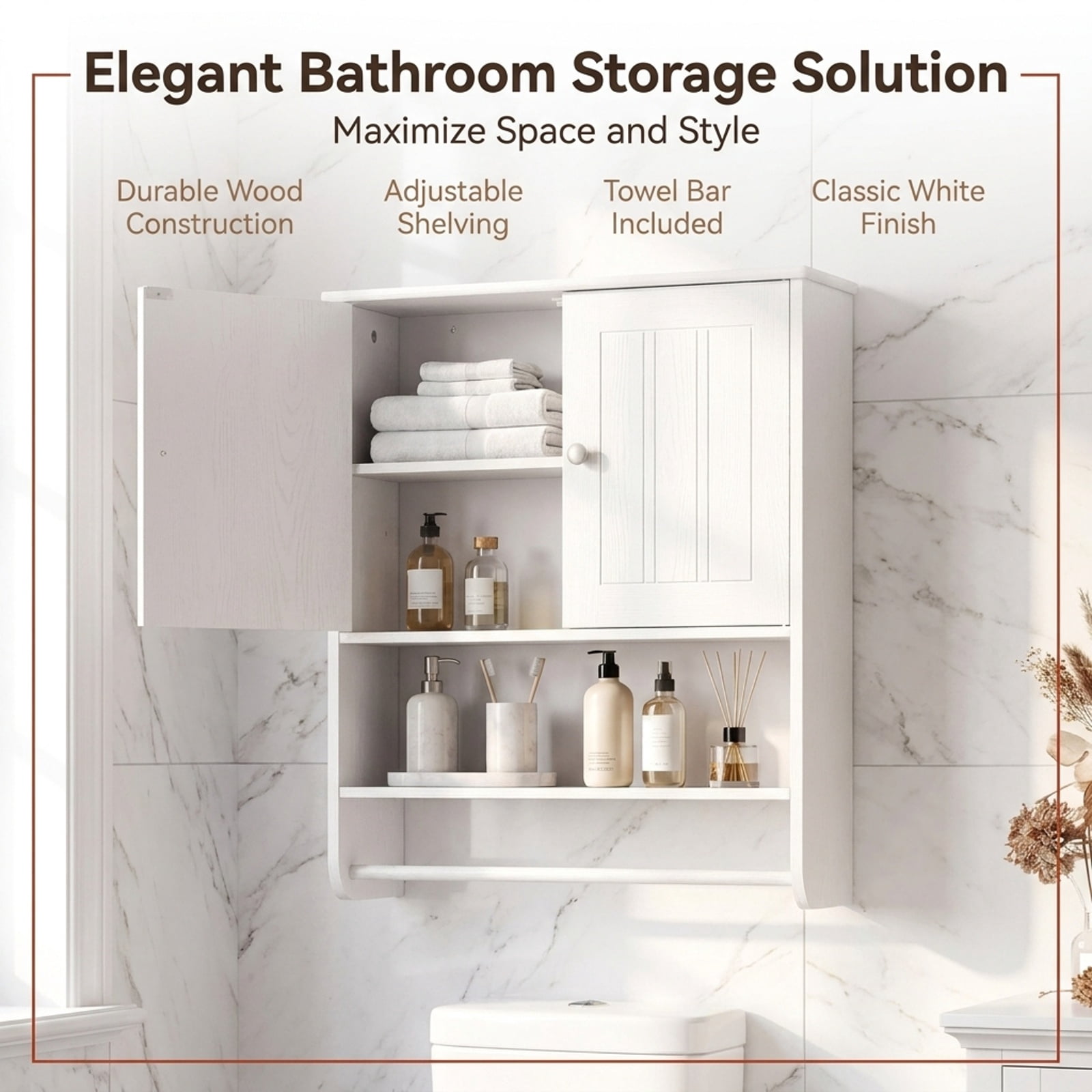Vebreda Bathroom Towel Rack, Bathroom Wall Cabinet with Towel Bar and Open Shelf, Ample Storage Space, Flexible Storage Options