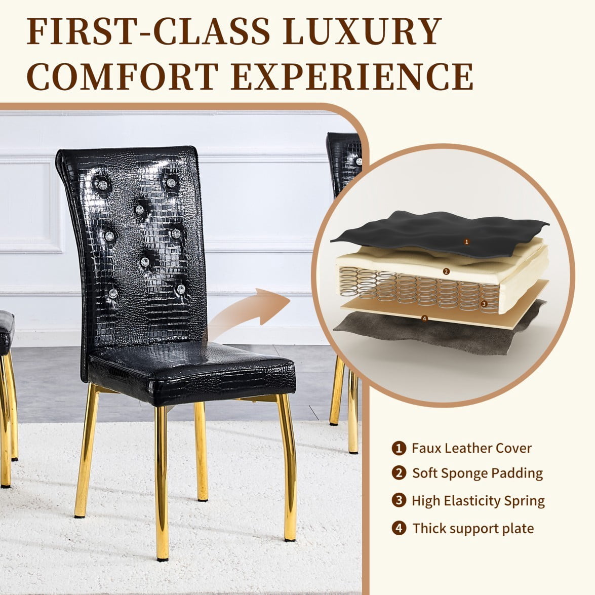 Set of 2 Retro Dining Chairs, Faux Alligator Leather Upholstered Chairs with Crystal Button Details & Gold-Plated Metal Feet, 400 LBS, Black & Gold