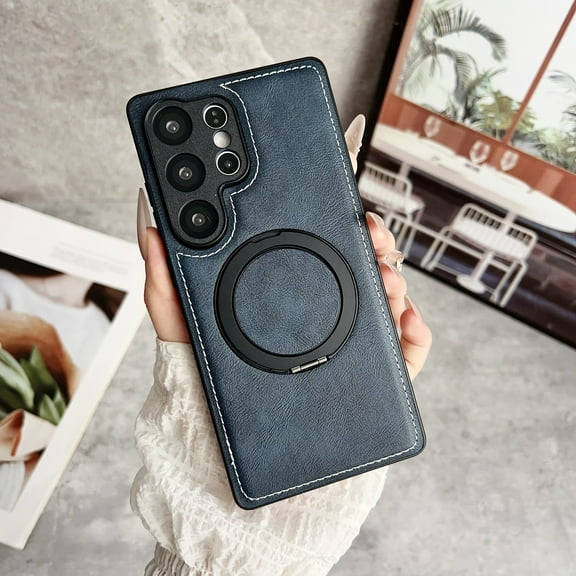 Magnetic Case Designed for Samsung Galaxy S22 Ultra, Compatible with Magsafe Wireless Charging, PU Leather 360 Degree Rotatable Ring Stand Kickstand Rugged PU Leather Shockproof Phone Cover,Darkblue