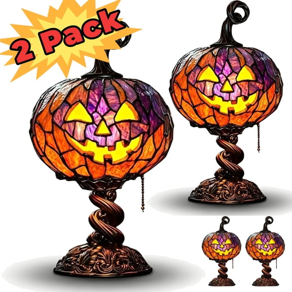 Stained Glass Halloween Pumpkin Table Lamp, USB Powered Jack-O-Lantern Night Light, Vintage Halloween Lamp Ornament, 1 Pack ( Resin )