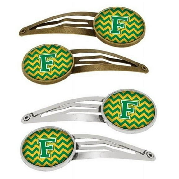Carolines Treasures CJ1059-FHCS4 Letter F Chevron Green & Gold Barrettes Hair Clips, Set of 4