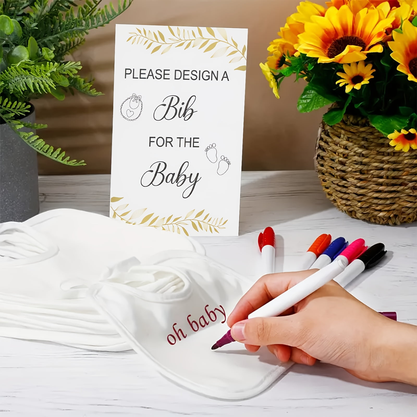 Baby Shower Coloring Bibs Set, 30 Disposable Non-Woven Bibs 7x7in with 12 Markers & 5.1x7.9in Game Sign, Baby Party Activity for Christmas, New Year, Valentine & Holidays