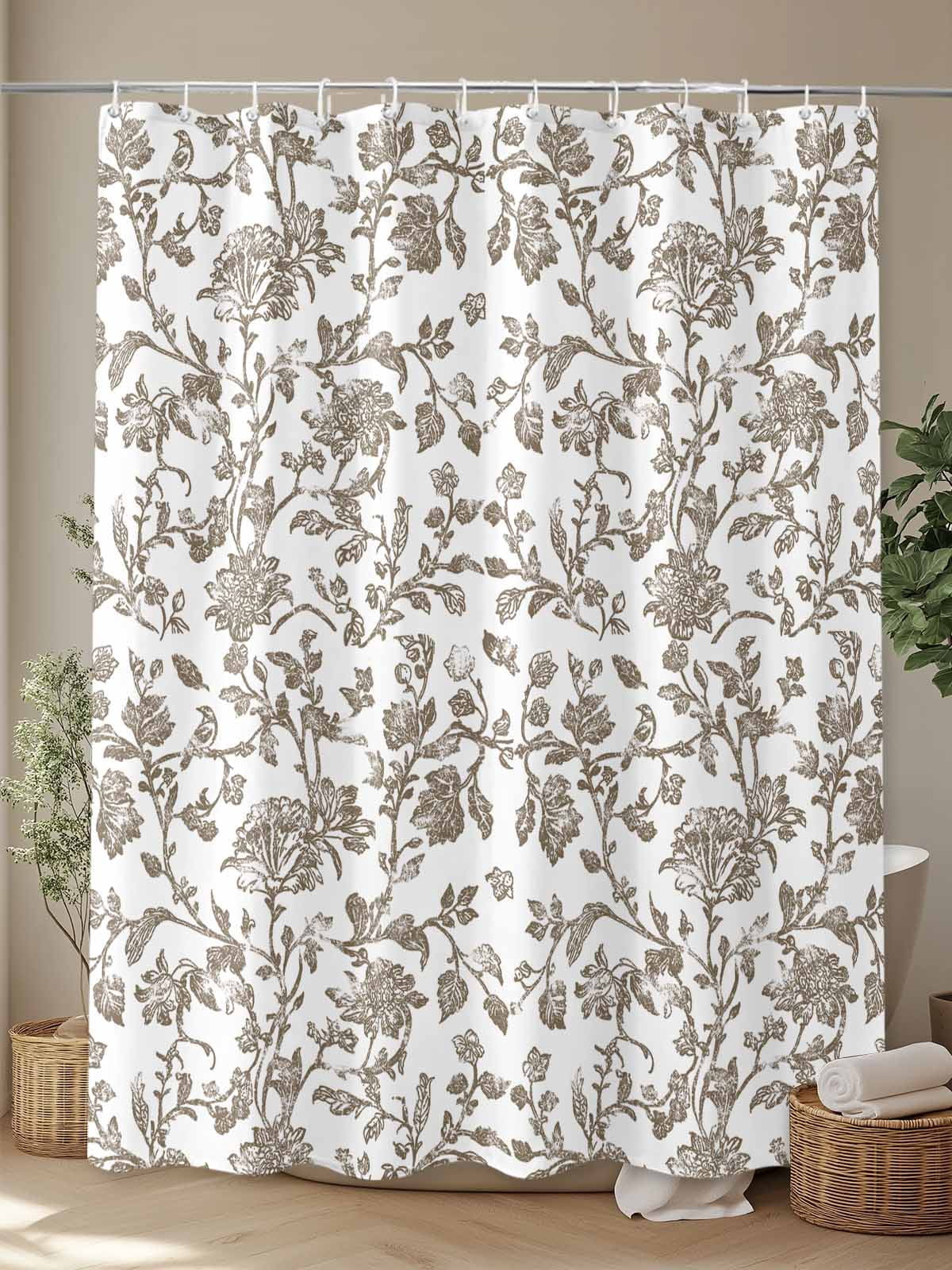 Vintage Brown Floral Shower Curtain, Farmhouse Flower Pastoral Style Waterproof Shower Curtain Set with 12 Hooks Lightweight Washable Fabric Shower Curtains for Bathroom 72x72 Inches