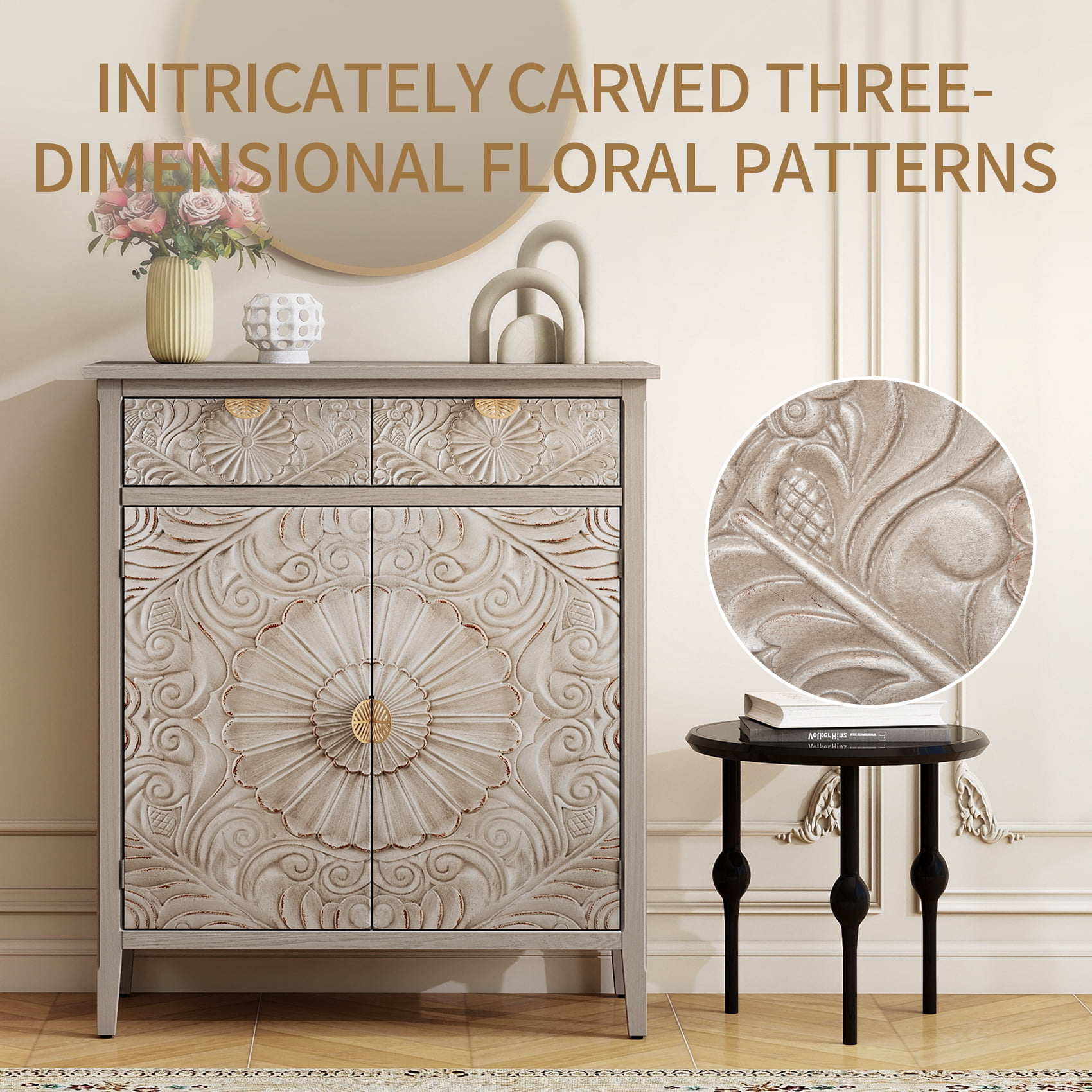Hand-Carved Floral Embossed Wooden Accent Cabinet with Drawer & Double Doors, Golden Leaf Hollow Handles, Anti-Tip & Non-Slip Design, Storage Sideboard for Entryway Living Room