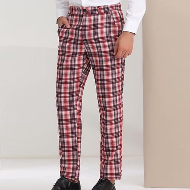 Puntoco Pantalones de traje casuales con botones y bolsillos y estampado de cuadros rectos para hombre