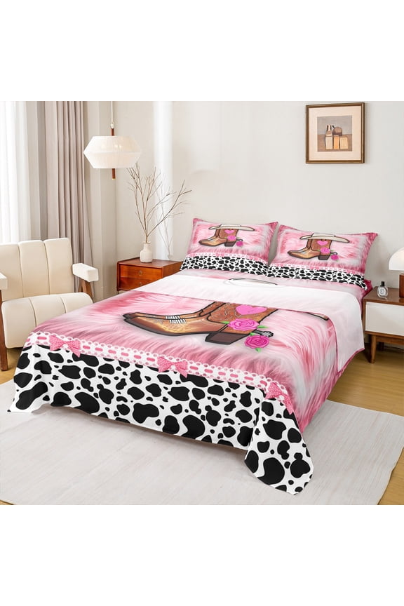 Western Cowgirl Boots Twin Sheet Sets,Pink Rose Flower Twin Fitted Sheet,Cattle Cow Pattern Flat Sheet For Girls Kids,Luxury Bedroom Decor,3pcs