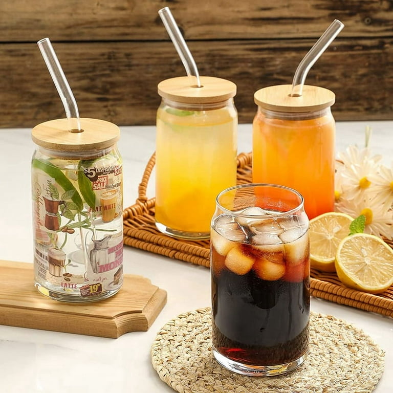 Drinking Glass Cup - S Shaped Glass Cups, 16.9 oz Beer Glasses with Lids  and Glass Straw, Cute Iced Coffee Cup Tumblers, Cold Drink Glassware,  Unique