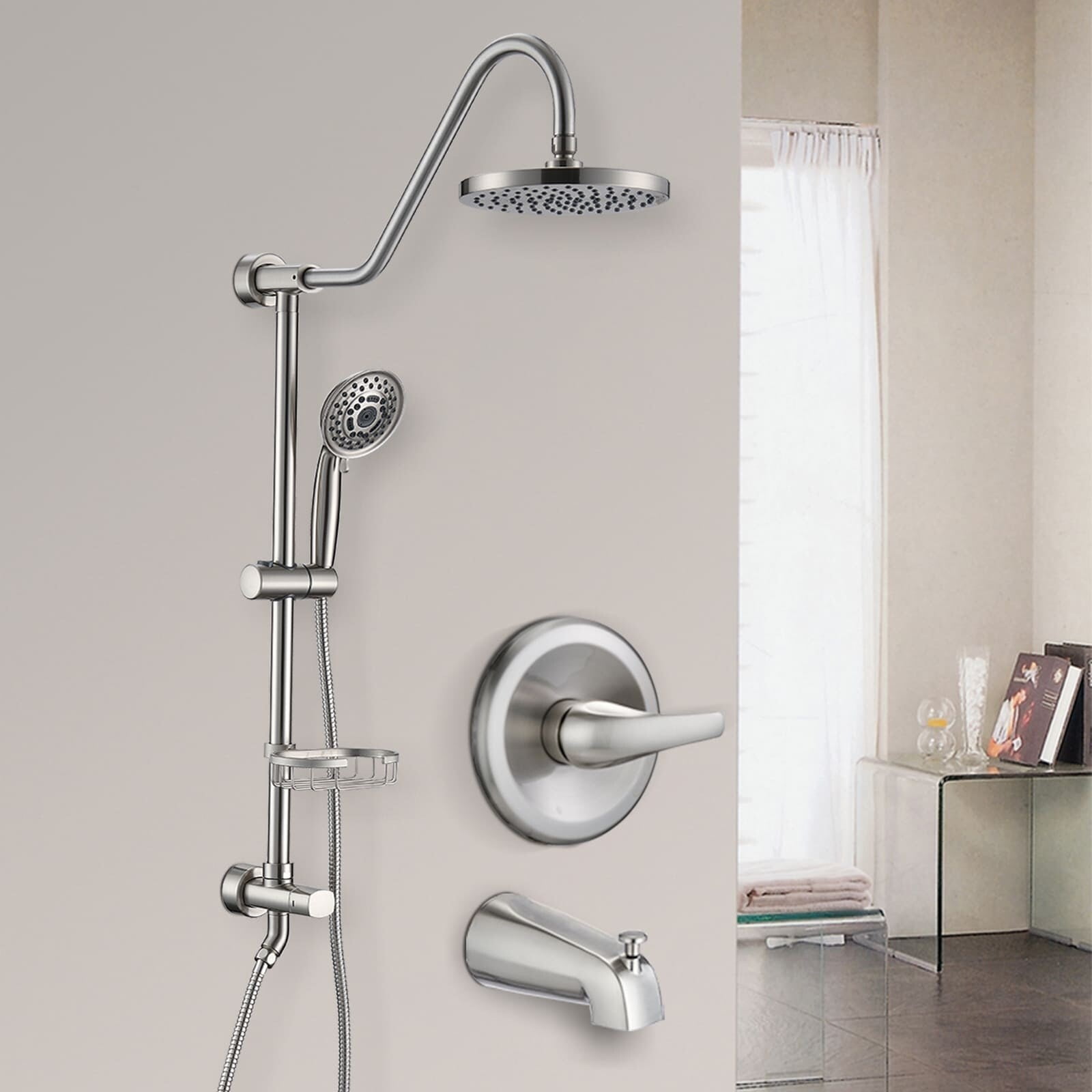 AWZTOO Wall Mounted Tub And Shower Faucet With Handheld Shower 8 Inch