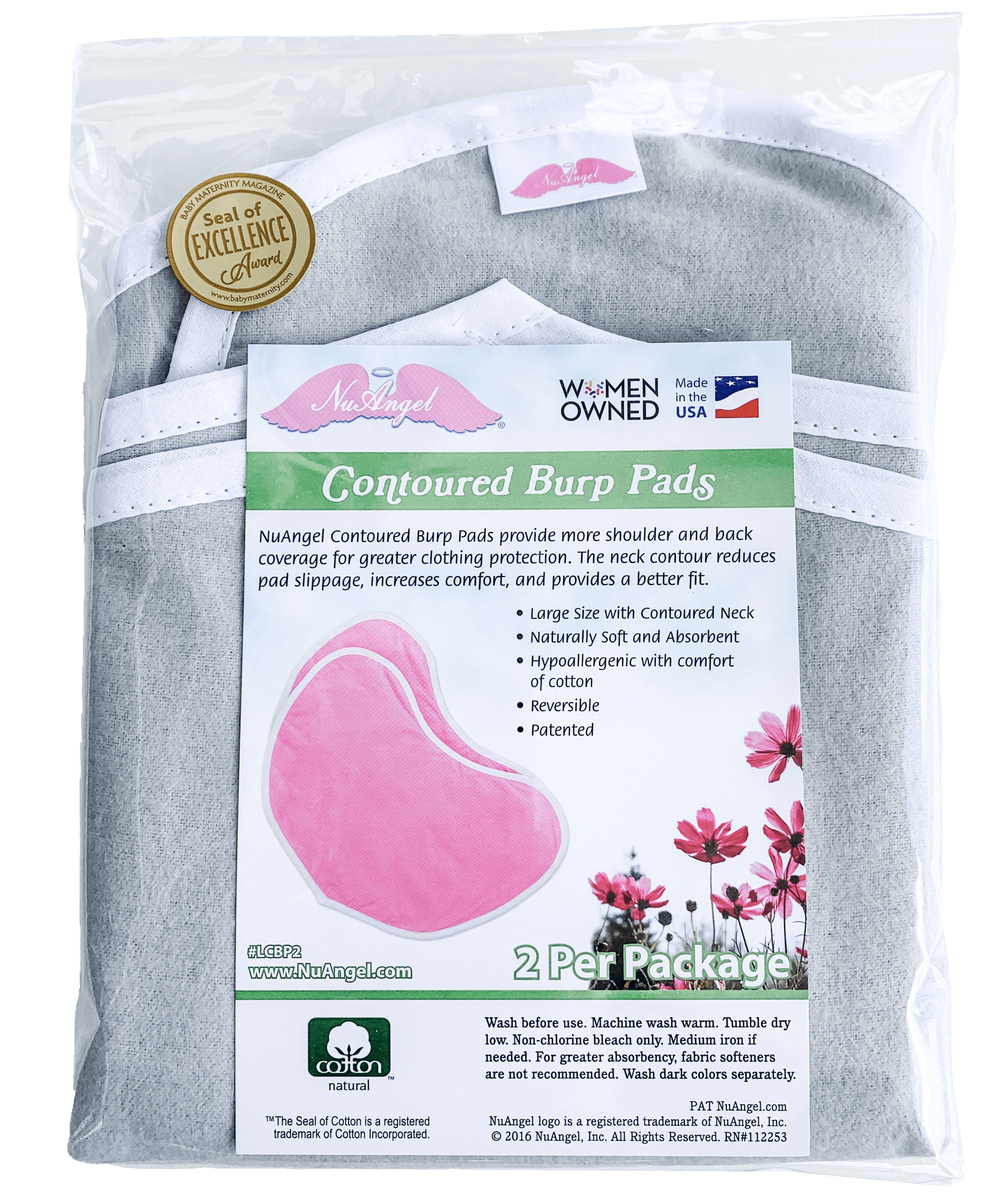 NuAngel 100% Cotton Large Contoured Burp Pads - Gray - 2 count, unisex