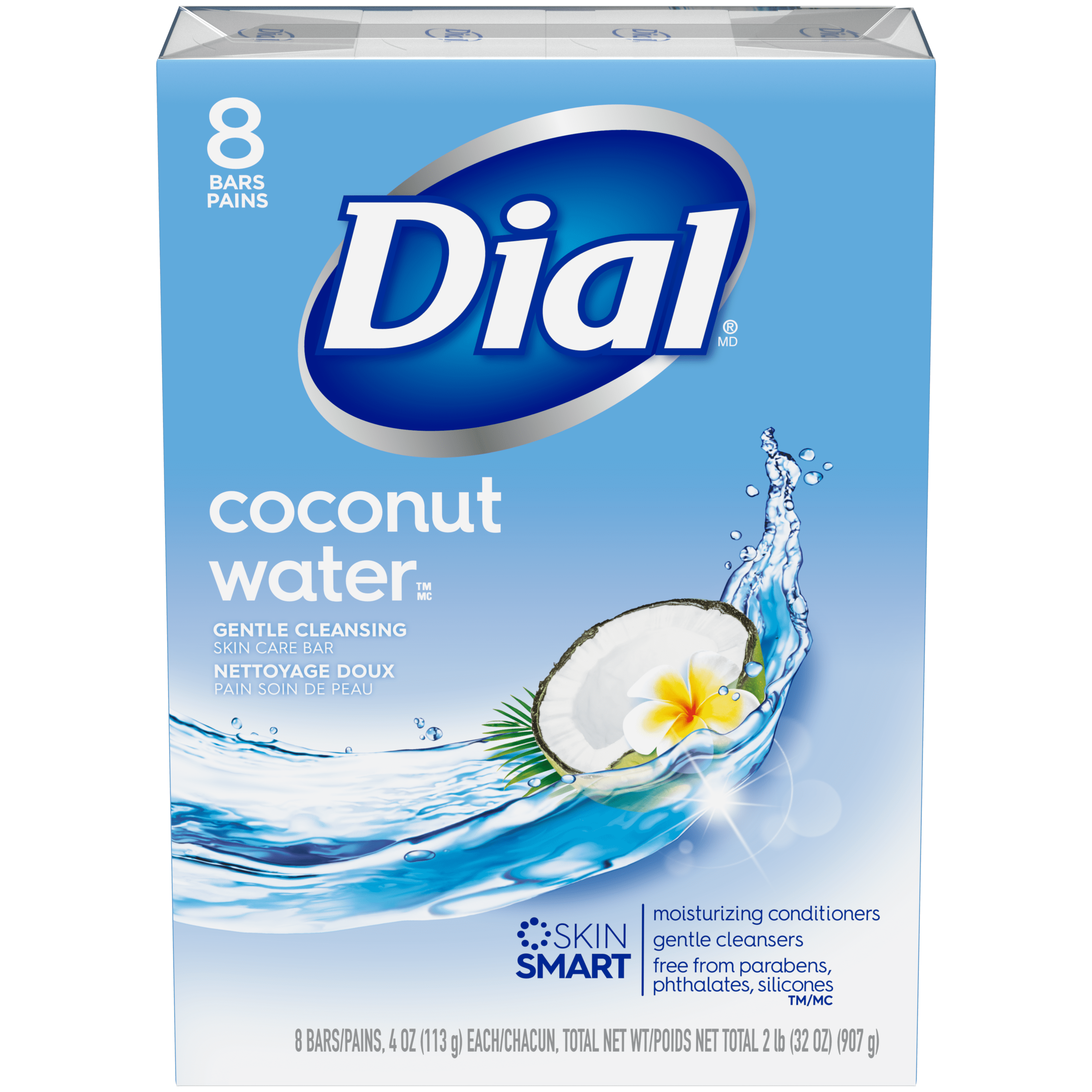 Dial Skin Care Bar Soap, Coconut Water, 4 oz, 8 Bars