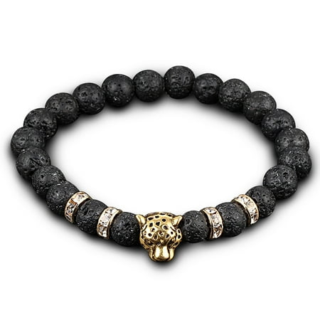 Natural India Agate - Bead Bracelets,UHIBROS Unisex Natural Tiger Eyes, Black Matte, Weathering Agate Beads Stretch Bracelets With Leopard Head Gold,Silver