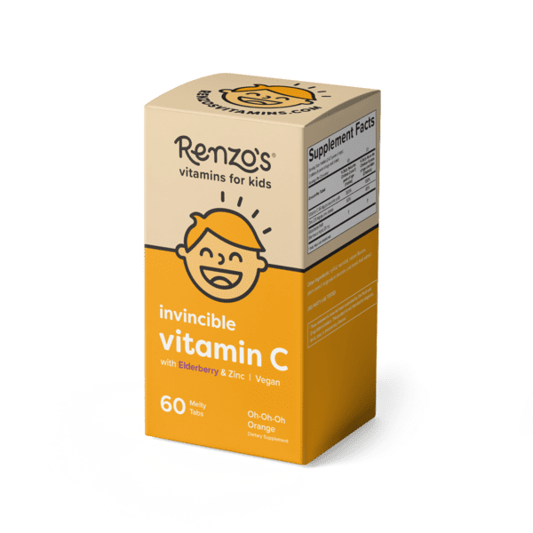Renzo's Invincible Vitamin C for Kids with Elderberry & Zinc for Immune Support, Vegan Vitamin for Kids, Zero Sugar, Oh-Oh-Oh Orange Flavor, 60 Melty Tabs