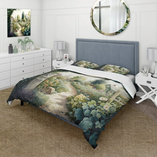 Designart "Garden Delights at the Cottage I" Landscape & Nature Bedding Covert Set - Farm Green Landscapes Bed Set With 2 Shams