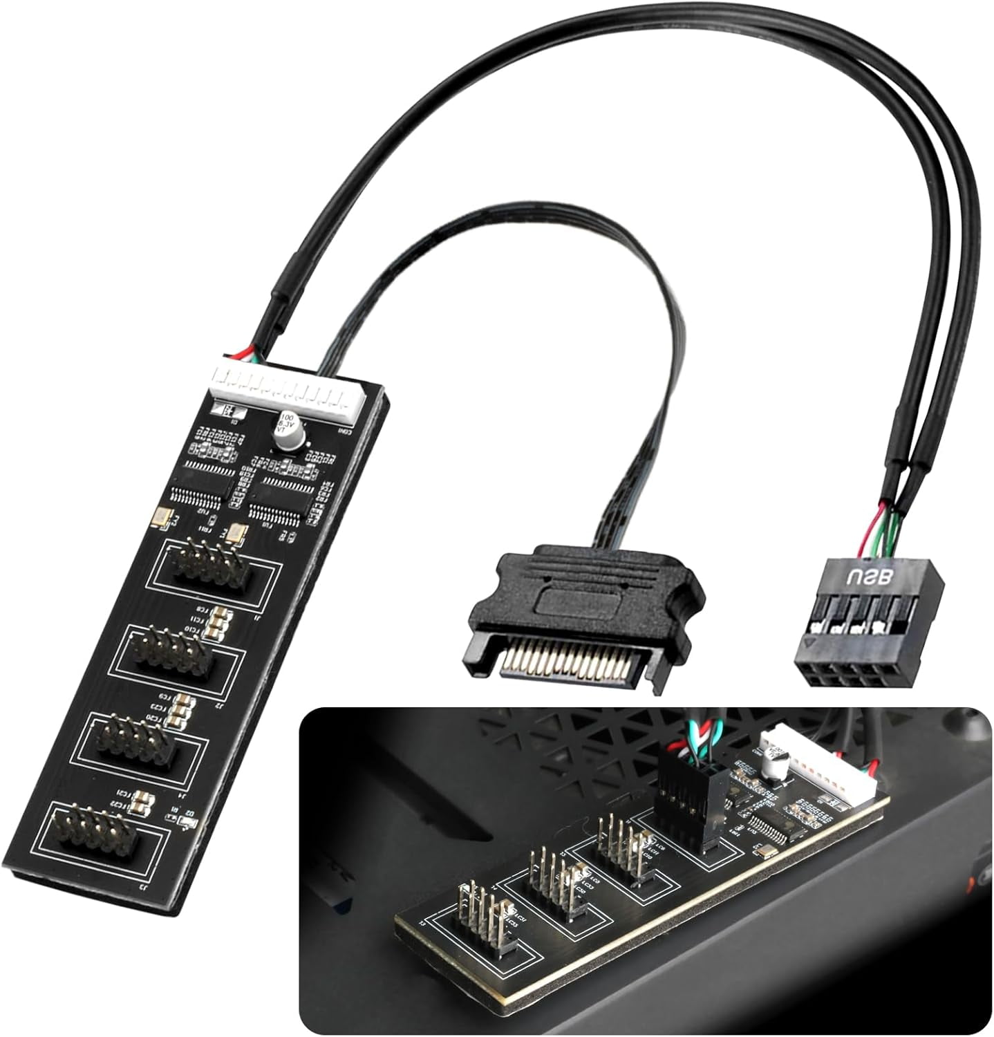 HRTGFD-9Pin USB 2.0 Header Splitter With SATA Power Cable - 1 to 4 Internal USB Hub for CPU/WiFi Receiver/Fans/RGB Light/Printer/Scanner