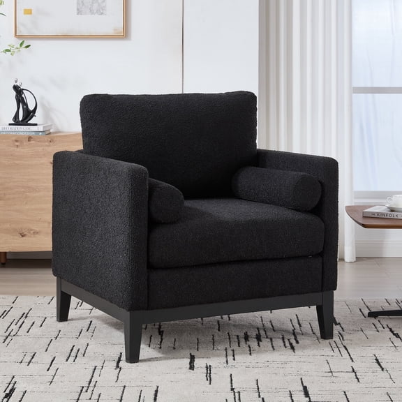 FFZ Modern Farmhouse Accent Chair with Boucle Upholstery and Bolster Pillows, Black