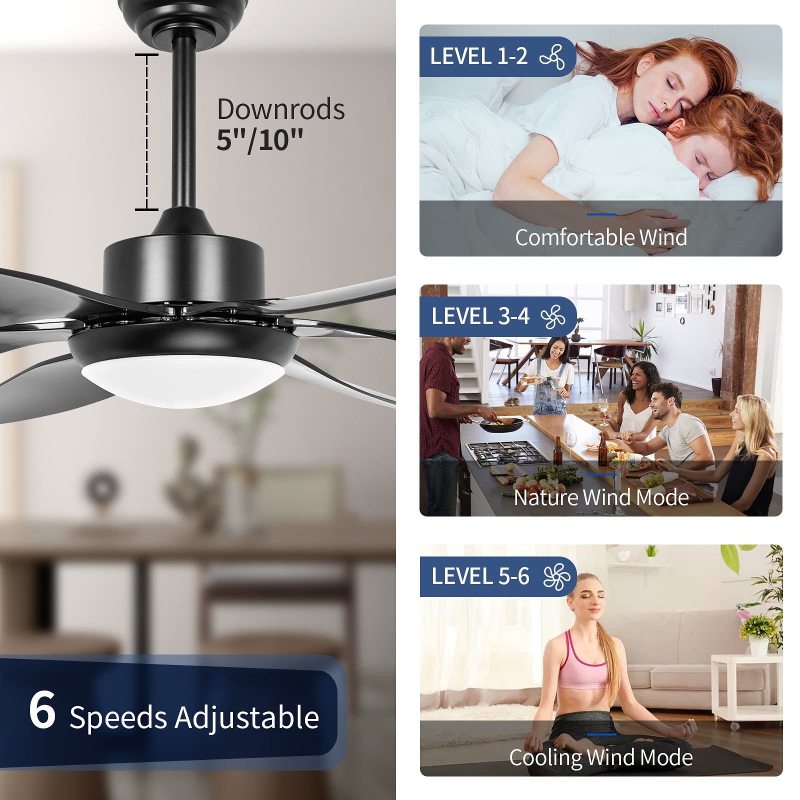 Wozzio 65 inch Ceiling Fan with Light and Remote, 3CCT Dimmable LED Light, 6 Black ABS Blades, Indoor & Outdoor