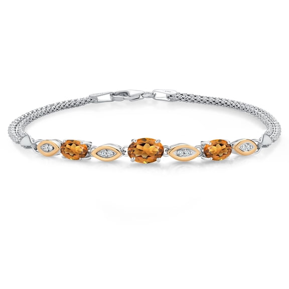 Gem Stone King 925 Silver and 10K Yellow Gold Orange Red Madeira Citrine and White Lab Grown Diamond Bracelet for Women (1.56 Cttw, Gemstone November Birthstone, Oval, Wheat Chain, 7 inches)