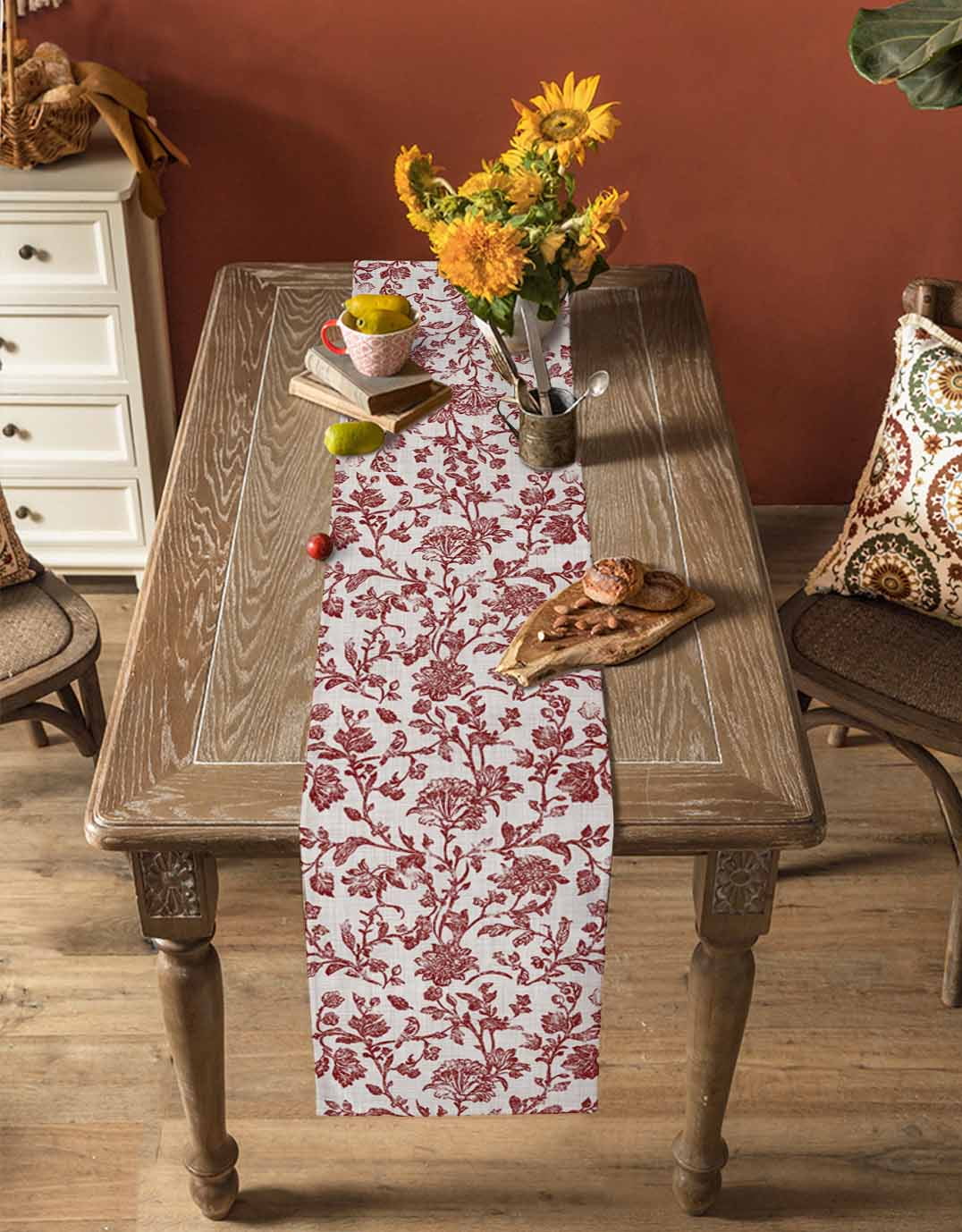 Farmhouse Red Burlap Cotton Table Runner 13x90 Inches Long, Vintage Flower Leaf Botanical Plant Farmhouse Table Runners, Outdoor Dining Tablecloths Decor for Baby Shower/Party/Wedding