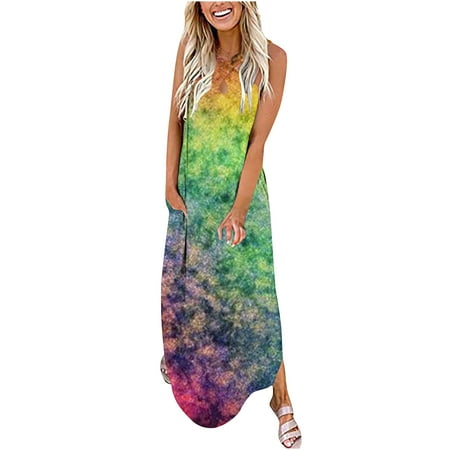 

Spring Dresses for Women 2023 Tye-dye Printed Sleeveless Boho Cross Front Neck Long Dress Green S