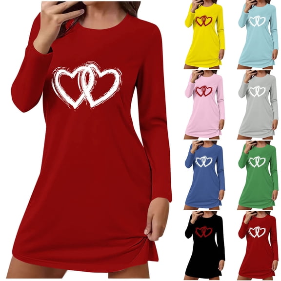 Taqqpue Women's Nightgowns Long Sleeve Crewneck Sleepshirts Sleepwear Valentines Gifts Casual Heart Print Pajama Dress