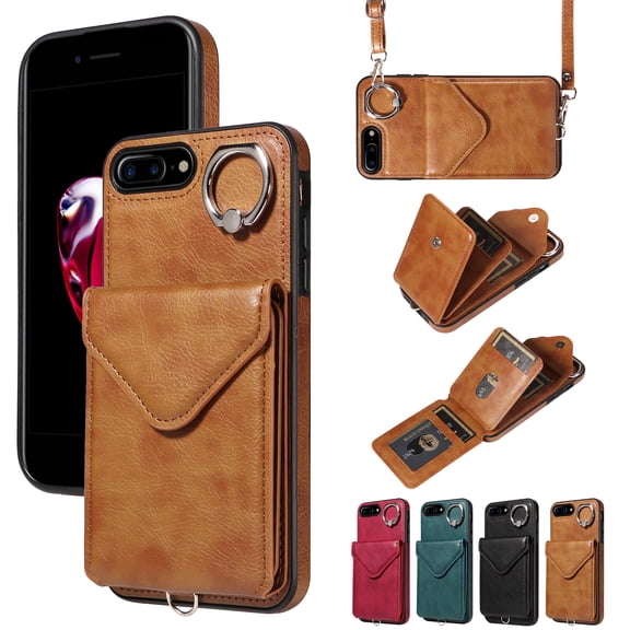for iPhone 7 Plus/8 Plus PU Leather Back TPU Frame Rugged Case, Classic 360 Rotating Ring Kickstand Card Slots Shoulder Strap Drop Protective Slim Fit Shockproof Phone Case Cover, Brown