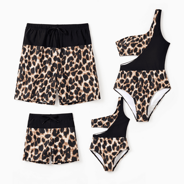PatPat Family Matching Leopard Panel Cut Out Waist One-Shoulder One Piece Swimsuit or Swim Trunks Shorts