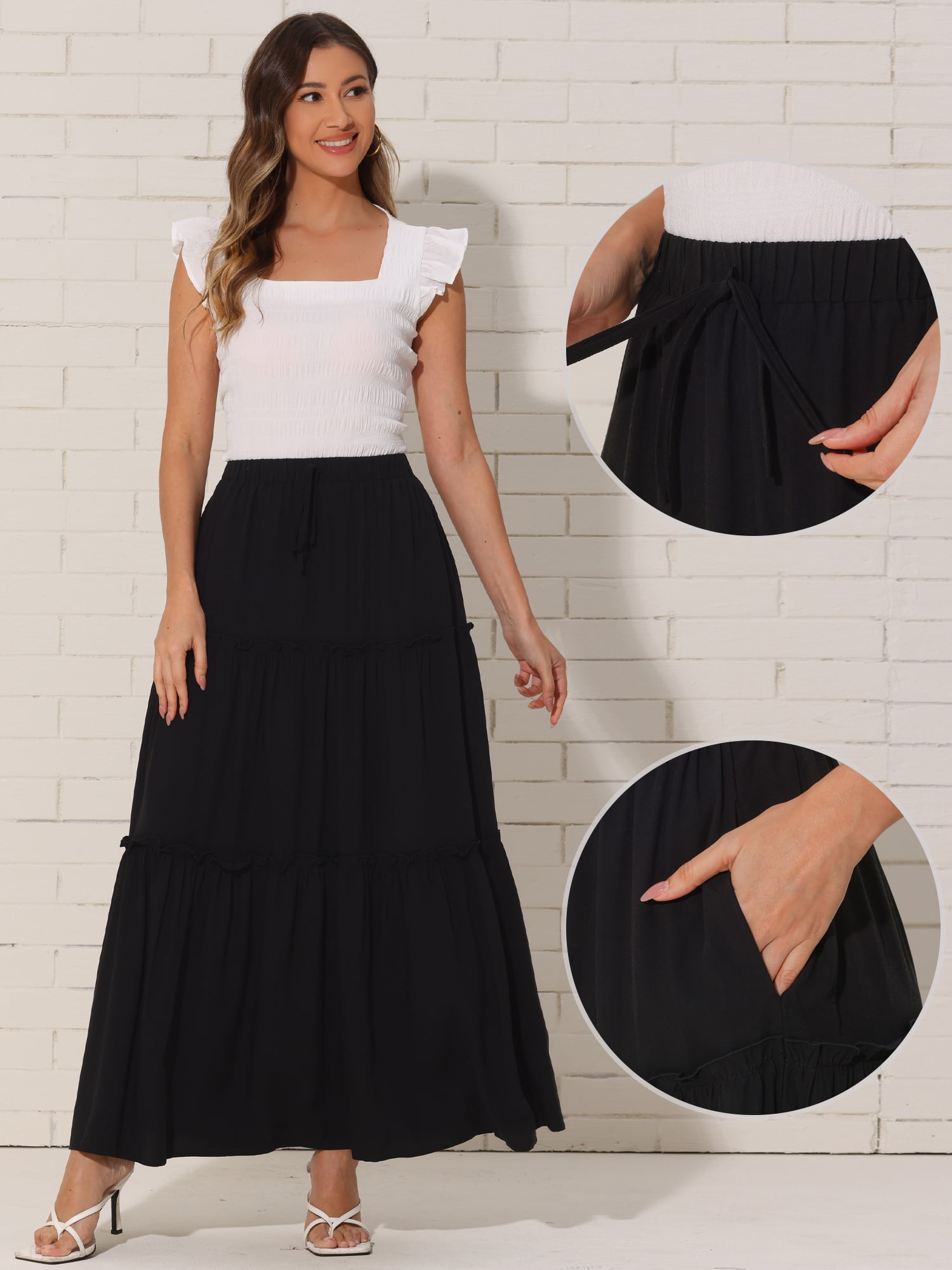 DARING DIVA Women's Spring Flowy Elastic Waist Aline with Pockets XS Black