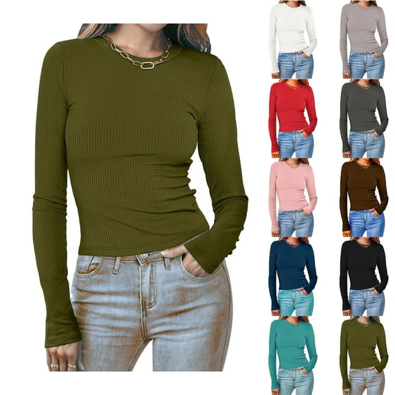 Blczomt Long Sleeve T Shirts for Women Slim Fit Green Plain Blouse Dressy Casual Crewneck Fall Womens Blouses Under $5 S