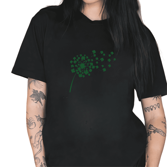 Black Green Clover Dandelion Print Tshirt St Patricks Day Graphic Tees Loose Fit Shirts Lucky Themed Festive Daily Casual Tops S-5XL