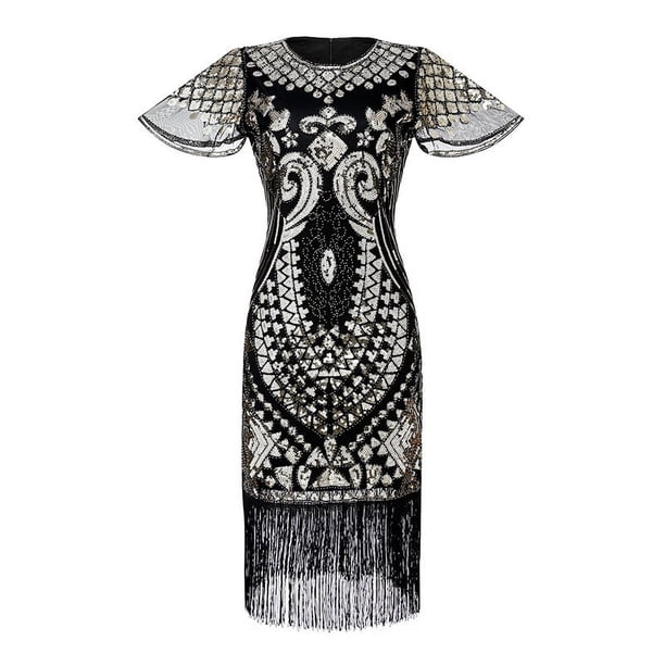 Vestido de fiesta estilo Gatsby de los años 20 con cuentas, malla retro, manga corta, lentejuelas y borlas, vestido de fiesta