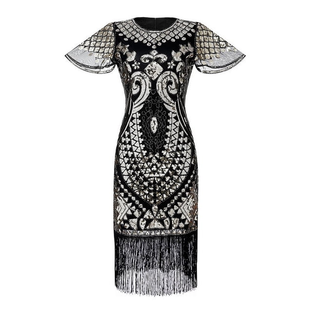Vestido de fiesta estilo Gatsby de los años 20 con cuentas, malla retro, manga corta, lentejuelas y borlas, vestido de fiesta