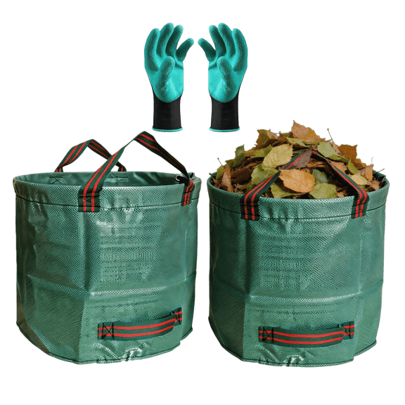 2-Pack Garden Waste Bags, 16 Gallon Reusable Yard Bags with 4 Handles, Heavy-Duty Leaf and Lawn Debris Container with Gardening Gloves, Green