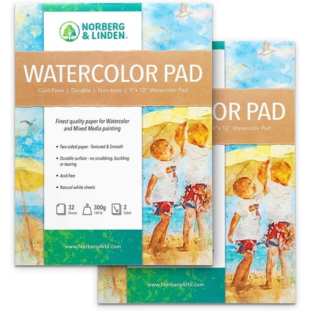 Norberg & Linden 64 Sheets Mixed Media Painting Watercolor Pad (2 Count) - 9x12 Sheets Strong Cover - Double-Sided Paper, Ideal Texture for Painting, Coloring, Sketching - Cold Pressed, 300g
