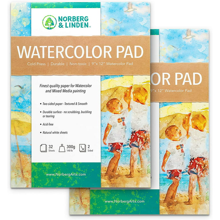 Norberg & Linden 64 Sheets Mixed Media Painting Watercolor Pad (2 Count) -  9x12 Sheets Strong Cover - Double-Sided Paper, Ideal Texture for Painting