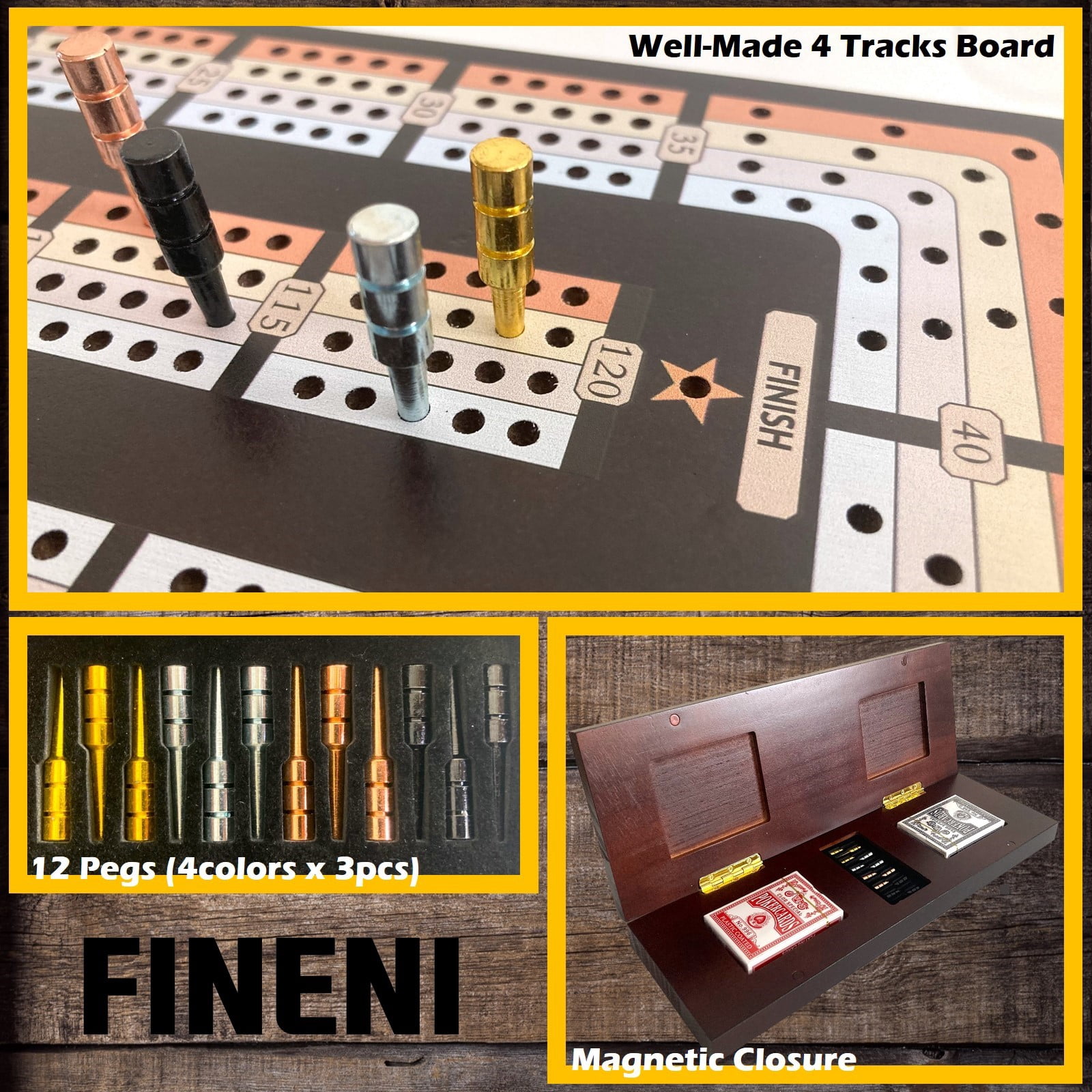 FINENI 4 Track Cribbage Board Game Set, Premium Wooden Board with Magnetic Lock, 12 Metal Pegs, 2 Playing Cards with Large Storage & Travel Portable – Continuous 4 Track Board