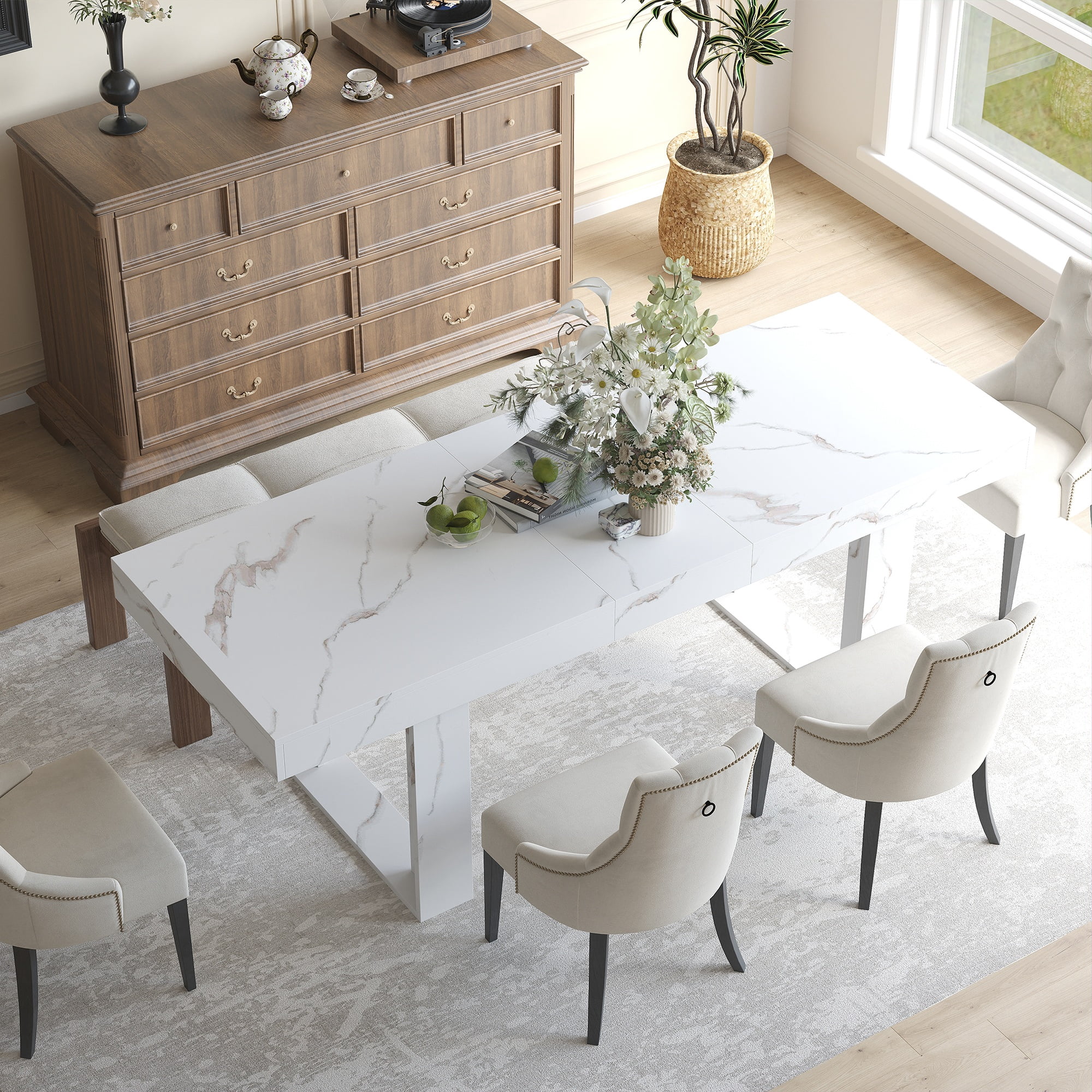 Coewske 70.9''-86.6'' Wooden Extendable Dining Table Kitchen Expanding Table w/Faux Marble Tabletop White